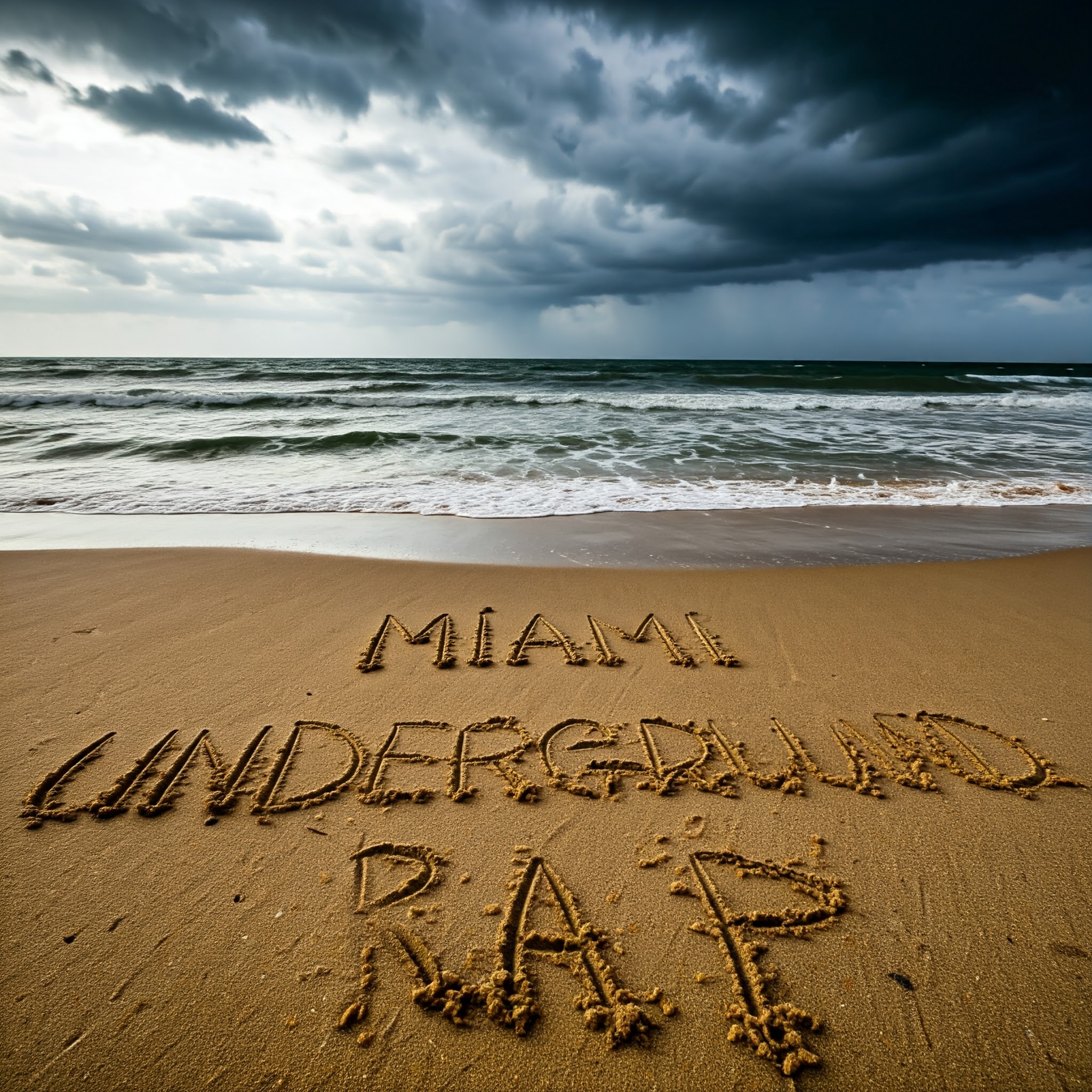 a beach with writing in the sand says miami underground rap