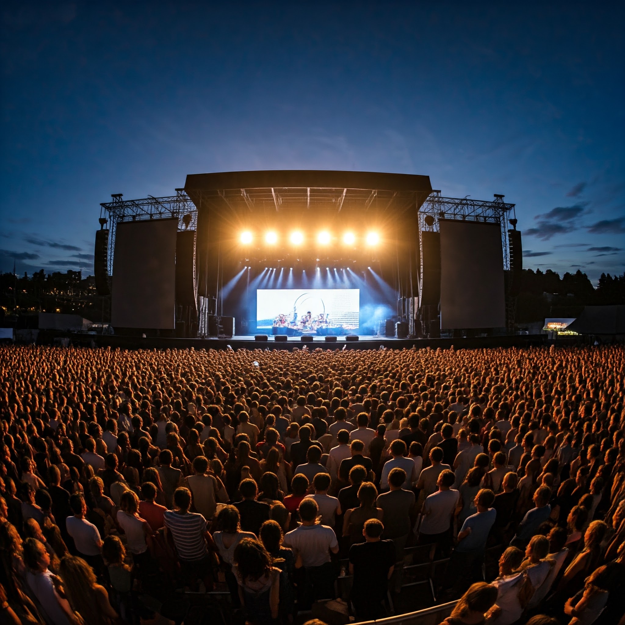 photo of band playing a show on stage with huge crowd